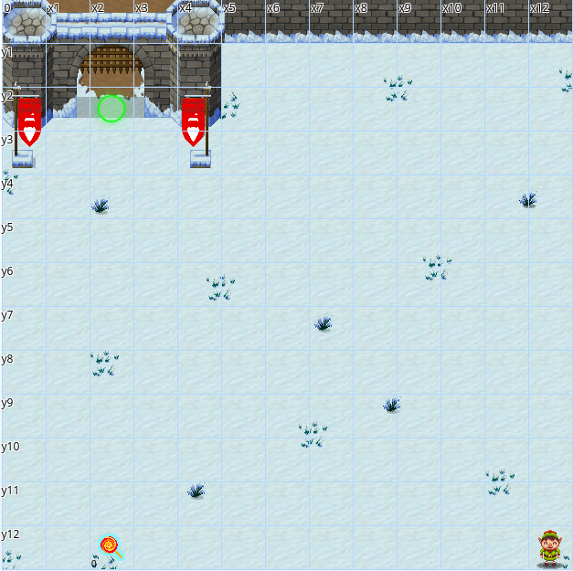 Elf Code Level 1. The elf only has to move left by 9 spaces and go to coordinates (2, 2) to enter the castle. There are no obstacles.