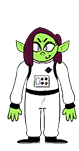 Erin Fection. She's a troll wearing a white spacesuit. She has long brown hair.