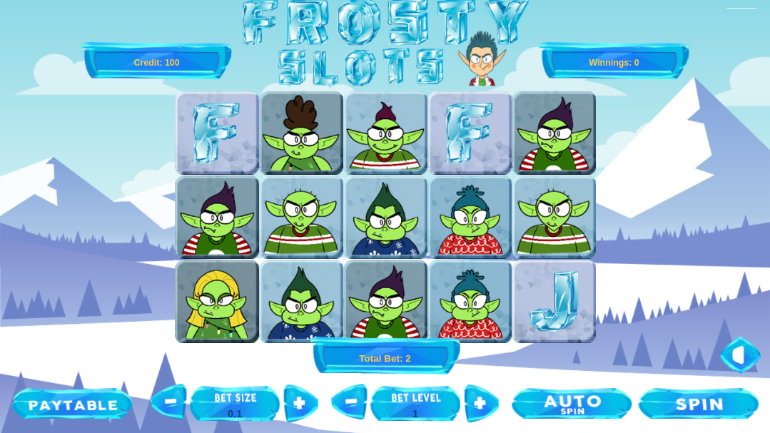 Jack Frost's slot machine. It's a five by three grid, with pictures of trolls, and bonus blocks with letters J or F. There are two bet controls: the bet size at 0.1 and the bet level at 1. In the lower right hand corner is the spin button. In the upper left hand corner is our total credit, which is 100.