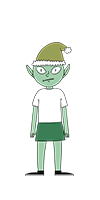 Tangle Coalbox. They're a green elf, wearing a white t-shirt, a dark green skirt, a forest-greend Christmas hat, and black shoes. They seem non-plussed.