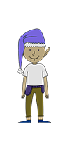 Bow Ninecandle is an elf wearing a white T-Shirt, brown-greenish pants, dark blue shoes, and a purple Christmas hat. He's smiling from ear to ear.