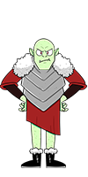 Crozag is a Sporc wearing a red toga, black snow shoes, white fur shoulder pads, and a breastplate.