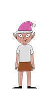 Jingle Ringford. She's an elf with pointy ears. She's wearing a white t-shirt, a brown skirt and black shoes. She also has a pink christmas hat on her head. She's smiling.