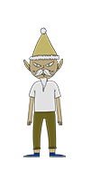 Morcel Nougat is an elf with slanted eyes, with a beard on his chin and a mustache. He's wearing a white T-Shirt, brown-greenish pants, dark green shoes, and a yellow Christmas hat.